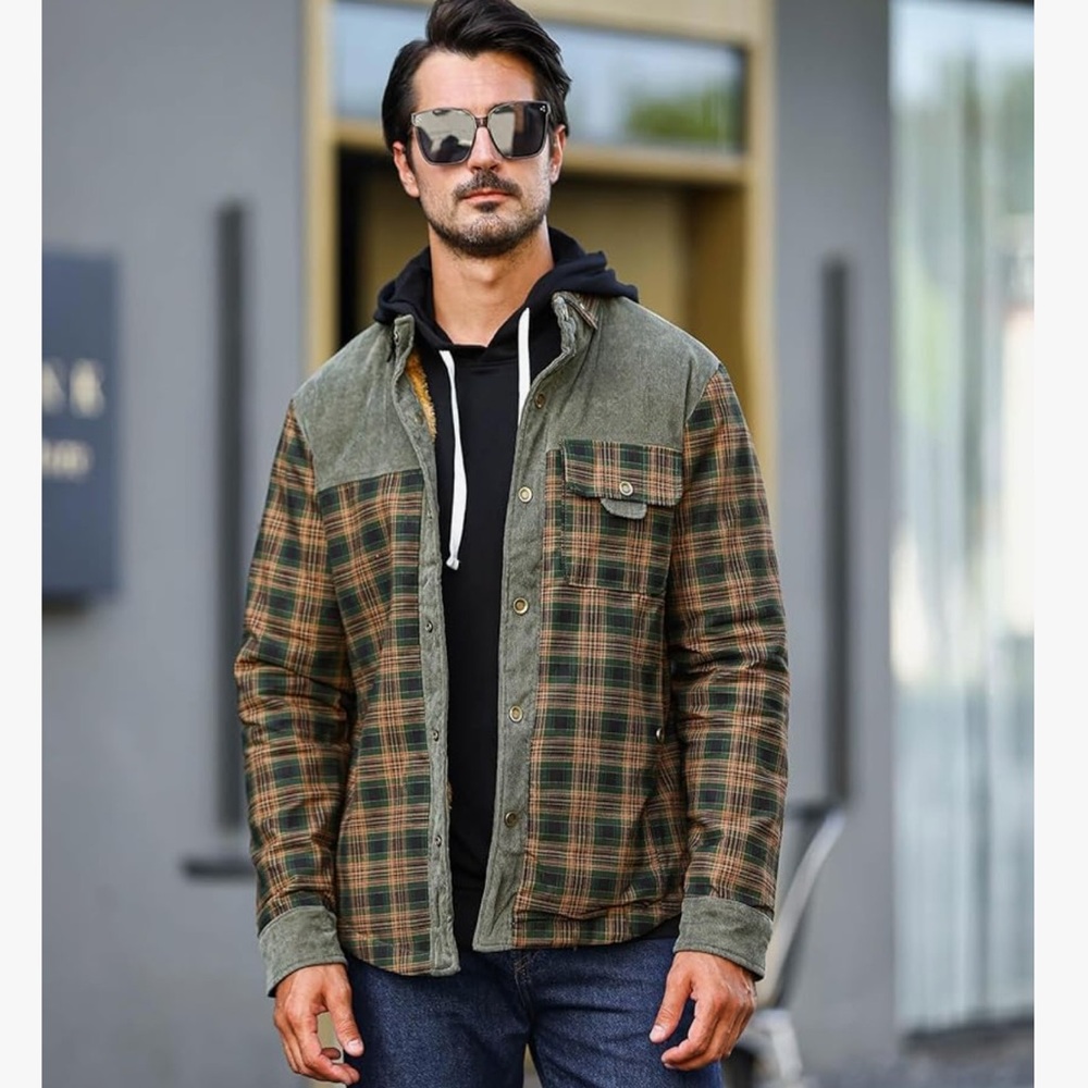 Men's Corduroy Plaid Sherpa Lined Flannel Shirt Jacket from Amazon
